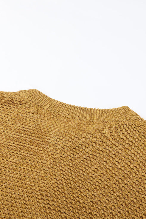 Henley Button Placket Side Slit Drop Shoulder Pullover Knit Sweater